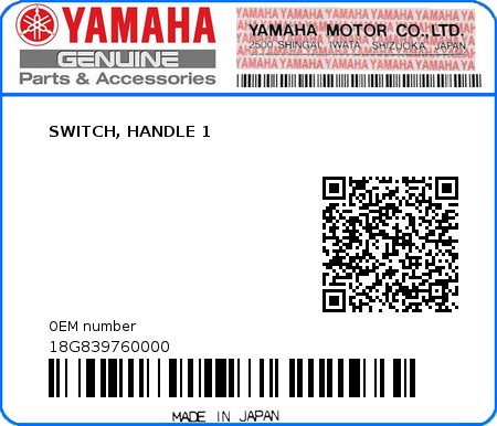 Product image: Yamaha - 18G839760000 - SWITCH, HANDLE 1  0