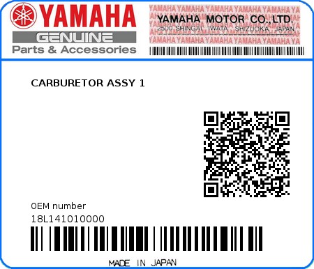 Product image: Yamaha - 18L141010000 - CARBURETOR ASSY 1  0