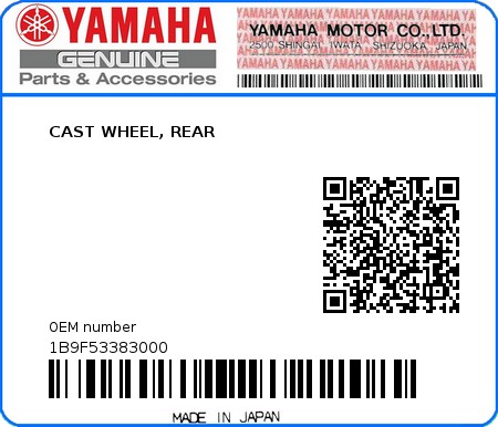 Product image: Yamaha - 1B9F53383000 - CAST WHEEL, REAR  0