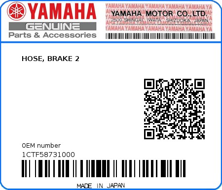Product image: Yamaha - 1CTF58731000 - HOSE, BRAKE 2  0