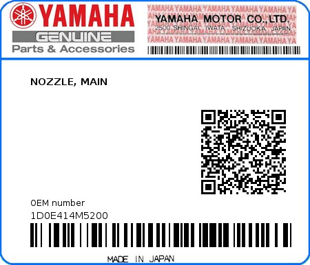 Product image: Yamaha - 1D0E414M5200 - NOZZLE, MAIN  0