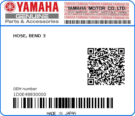 Product image: Yamaha - 1D0E48830000 - HOSE, BEND 3  0