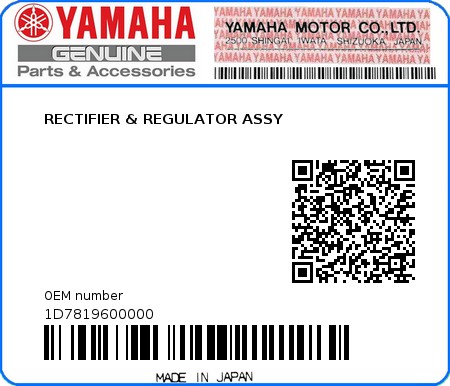 Product image: Yamaha - 1D7819600000 - RECTIFIER & REGULATOR ASSY  0