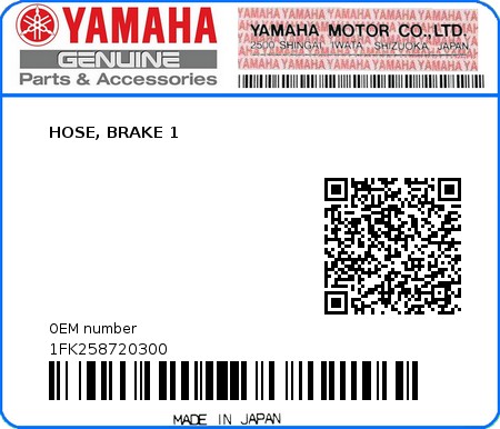 Product image: Yamaha - 1FK258720300 - HOSE, BRAKE 1  0