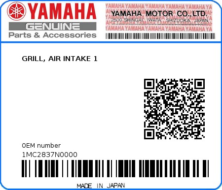 Product image: Yamaha - 1MC2837N0000 - GRILL, AIR INTAKE 1  0