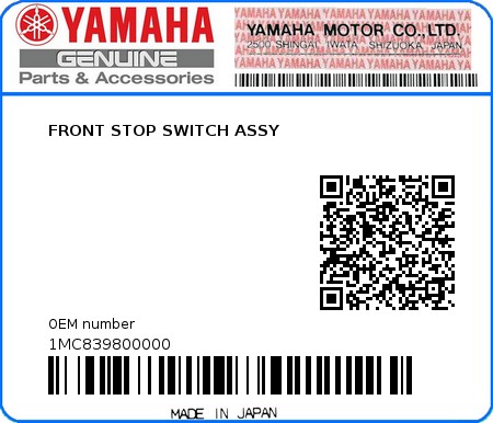 Product image: Yamaha - 1MC839800000 - FRONT STOP SWITCH ASSY  0
