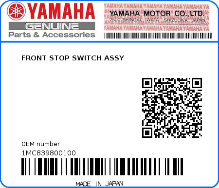 Product image: Yamaha - 1MC839800100 - FRONT STOP SWITCH ASSY  0