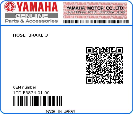 Product image: Yamaha - 1TD-F5874-01-00 - HOSE, BRAKE 3  0