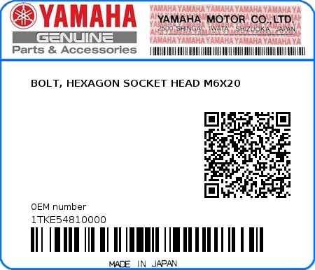 Product image: Yamaha - 1TKE54810000 - BOLT, HEXAGON SOCKET HEAD M6X20  0