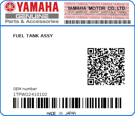Product image: Yamaha - 1TPWG2410102 - FUEL TANK ASSY  0