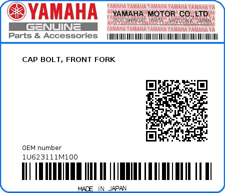 Product image: Yamaha - 1U623111M100 - CAP BOLT, FRONT FORK  0