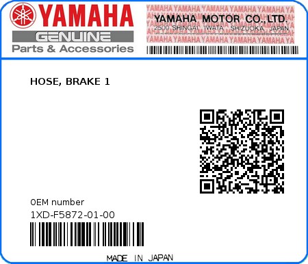 Product image: Yamaha - 1XD-F5872-01-00 - HOSE, BRAKE 1  0