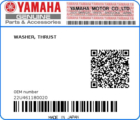 Product image: Yamaha - 22U461180020 - WASHER, THRUST  0