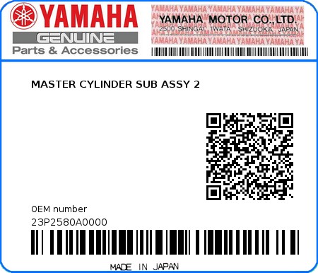 Product image: Yamaha - 23P2580A0000 - MASTER CYLINDER SUB ASSY 2  0