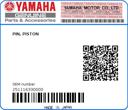 Product image: Yamaha - 251116330000 - PIN, PISTON  0