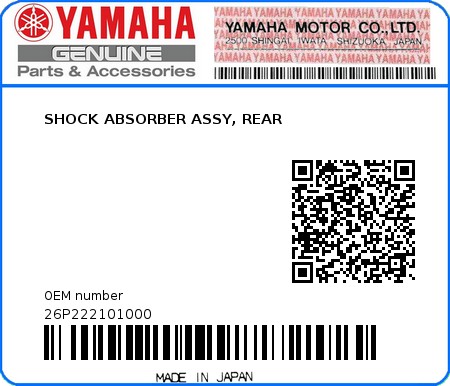 Product image: Yamaha - 26P222101000 - SHOCK ABSORBER ASSY, REAR  0