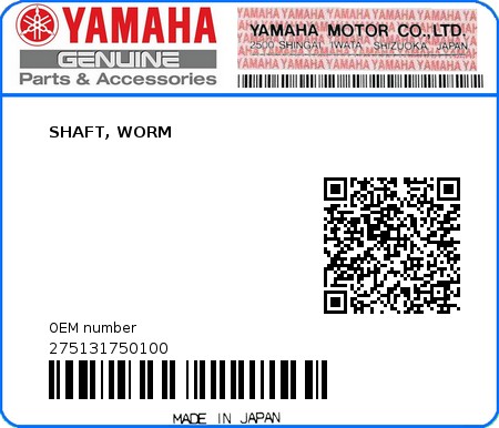 Product image: Yamaha - 275131750100 - SHAFT, WORM  0