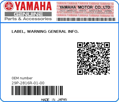 Product image: Yamaha - 29P-2816R-01-00 - LABEL, WARNING GENERAL INFO.  0