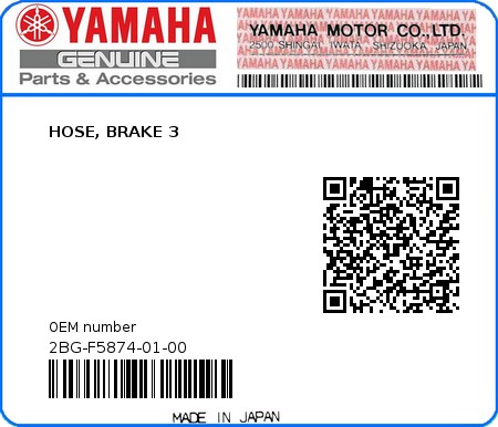 Product image: Yamaha - 2BG-F5874-01-00 - HOSE, BRAKE 3  0