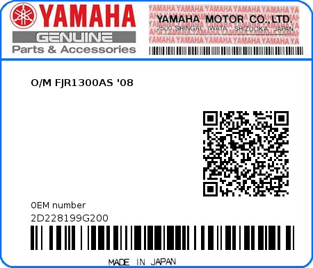 Product image: Yamaha - 2D228199G200 - O/M FJR1300AS '08  0