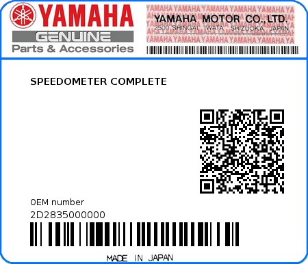 Product image: Yamaha - 2D2835000000 - SPEEDOMETER COMPLETE  0