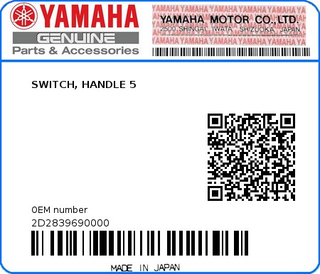 Product image: Yamaha - 2D2839690000 - SWITCH, HANDLE 5  0