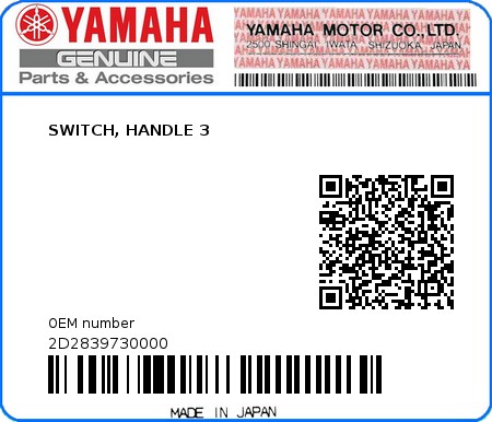 Product image: Yamaha - 2D2839730000 - SWITCH, HANDLE 3  0