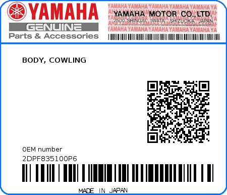 Product image: Yamaha - 2DPF835100P6 - BODY, COWLING  0