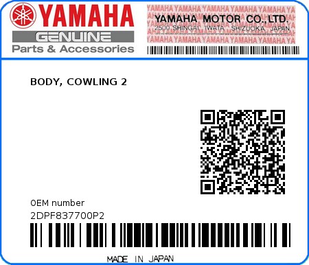Product image: Yamaha - 2DPF837700P2 - BODY, COWLING 2  0