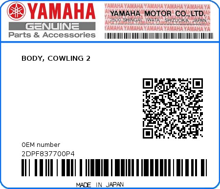 Product image: Yamaha - 2DPF837700P4 - BODY, COWLING 2  0
