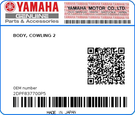 Product image: Yamaha - 2DPF837700P5 - BODY, COWLING 2  0