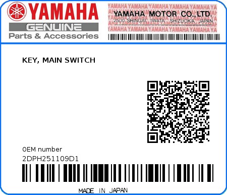Product image: Yamaha - 2DPH251109D1 - KEY, MAIN SWITCH  0