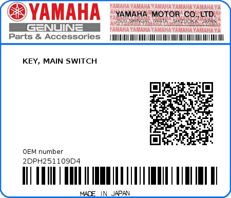 Product image: Yamaha - 2DPH251109D4 - KEY, MAIN SWITCH  0