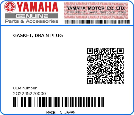 Product image: Yamaha - 2G2245220000 - GASKET, DRAIN PLUG  0