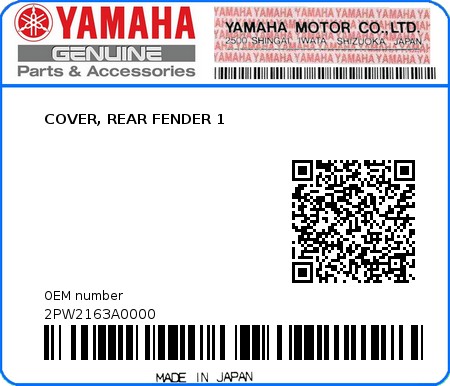 Product image: Yamaha - 2PW2163A0000 - COVER, REAR FENDER 1  0