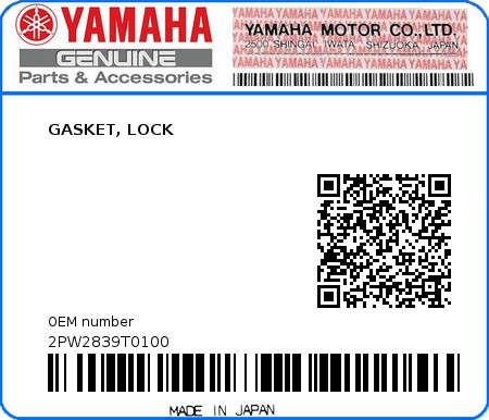 Product image: Yamaha - 2PW2839T0100 - GASKET, LOCK  0