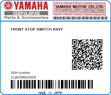 Product image: Yamaha - 2UJ839800000 - FRONT STOP SWITCH ASSY  0
