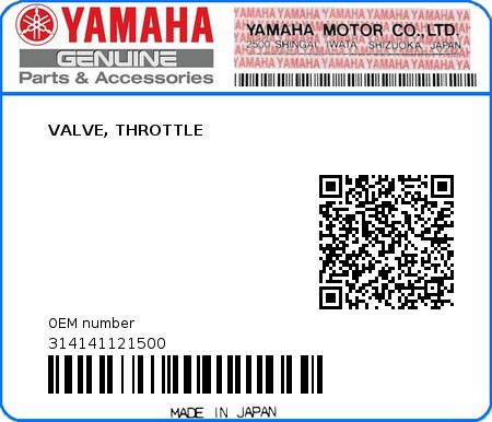Product image: Yamaha - 314141121500 - VALVE, THROTTLE  0