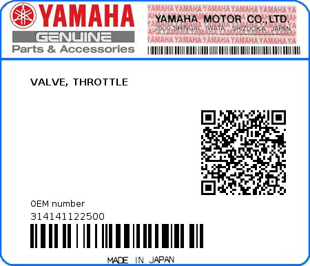 Product image: Yamaha - 314141122500 - VALVE, THROTTLE  0