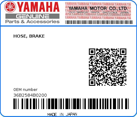 Product image: Yamaha - 36B2584B0200 - HOSE, BRAKE  0