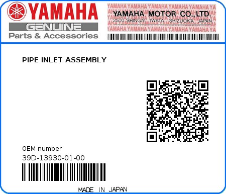 Product image: Yamaha - 39D-13930-01-00 - PIPE INLET ASSEMBLY  0