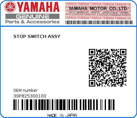Product image: Yamaha - 39P825300100 - STOP SWITCH ASSY  0