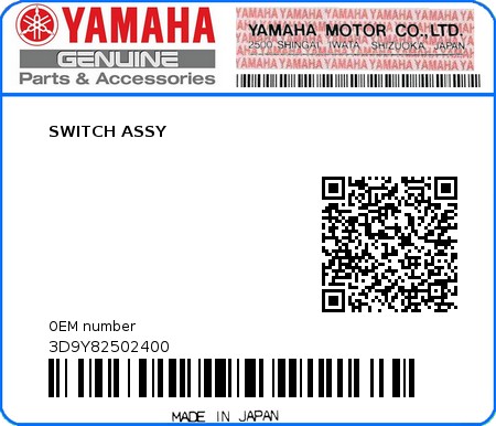 Product image: Yamaha - 3D9Y82502400 - SWITCH ASSY  0