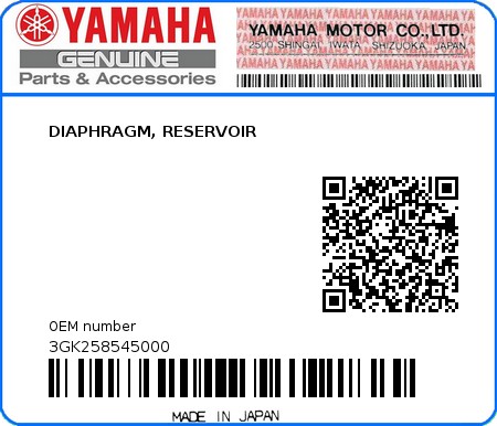 Product image: Yamaha - 3GK258545000 - DIAPHRAGM, RESERVOIR  0