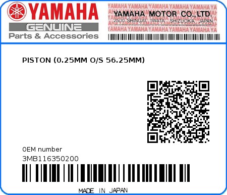 Product image: Yamaha - 3MB116350200 - PISTON (0.25MM O/S 56.25MM)  0