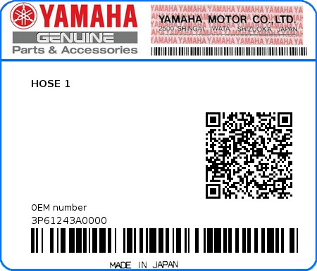 Product image: Yamaha - 3P61243A0000 - HOSE 1  0