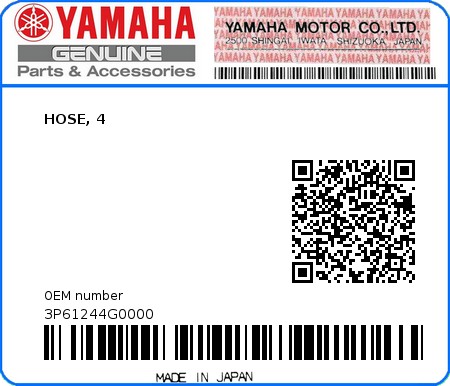 Product image: Yamaha - 3P61244G0000 - HOSE, 4  0
