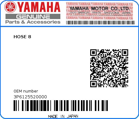 Product image: Yamaha - 3P6125520000 - HOSE 8  0