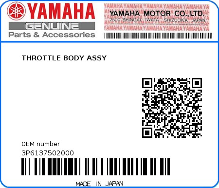 Product image: Yamaha - 3P6137502000 - THROTTLE BODY ASSY  0