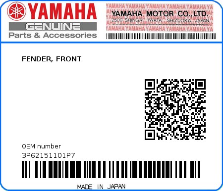 Product image: Yamaha - 3P62151101P7 - FENDER, FRONT  0